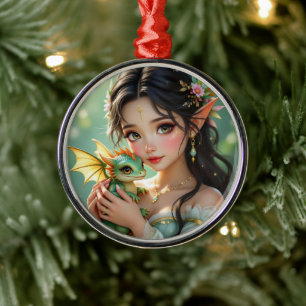 Ornement En Métal Jolie fée elfe et Noël éthéré de dragon