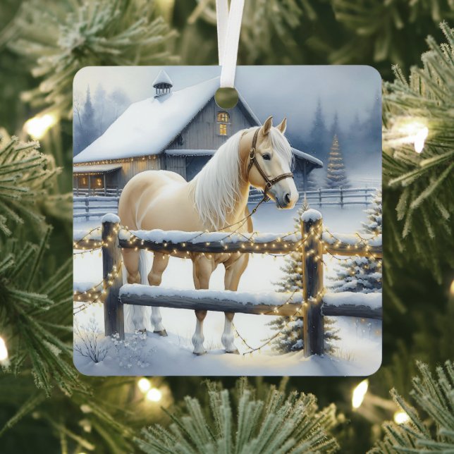 Ornement En Métal Jolie ferme de chevaux blancs Noël personnalisé (Insitu)