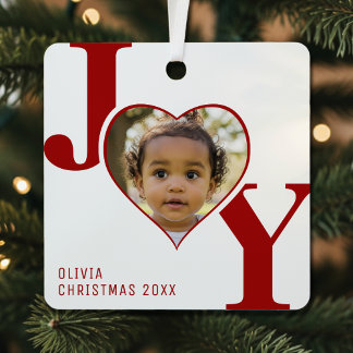Ornement En Métal Joy Merry Christmas Heart Photo White & Red