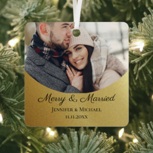 Ornement En Métal Joyeux et Mariés Premier Noël Photo Métal Doré