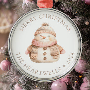 Ornement En Métal Joyeux Noël bonhomme de neige rose personnalisé