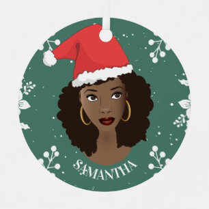 Ornement En Métal Joyeux Noël, Femme noire Chapeau rouge, Vert
