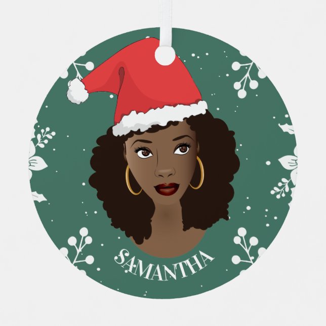 Ornement En Métal Joyeux Noël, Femme noire Chapeau rouge, Vert (Recto)
