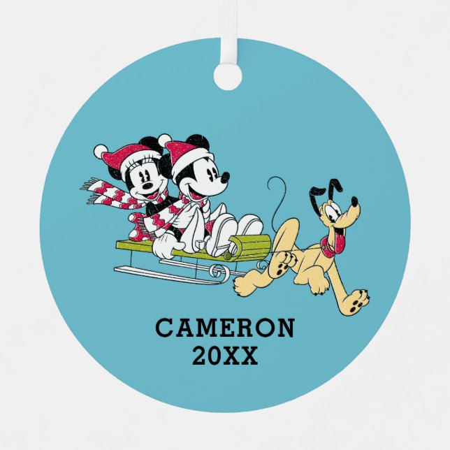 Ornement En Métal Joyeux Noël | Mickey Souris - Motoneige d'hiver (Recto)