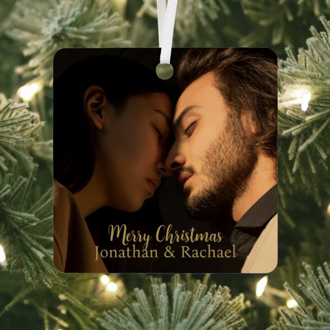 Ornement En Métal Joyeux Noël mignon couple photo script moderne (Insitu)