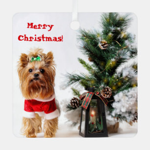 Ornement En Métal Joyeux Noël Père Noël Yorkie avec arbre de Noël