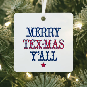 Ornement En Métal Joyeux Tex-Mas Y'all Photo Rouge et Bleue