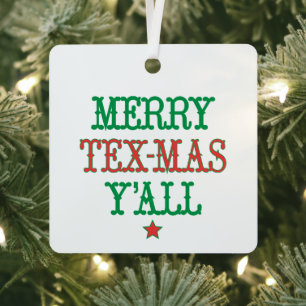 Ornement En Métal Joyeux Tex-Mas Y'all Photo rouge et verte