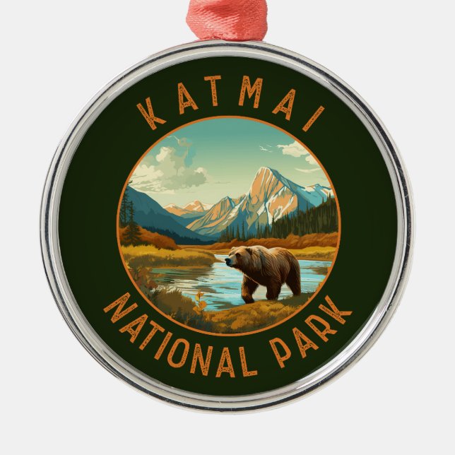 Ornement En Métal Katmai Parc National Ours Retro Cercle Distressé (Devant)