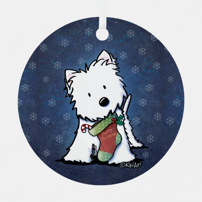 Ornement En Métal KiniArt Westie Festive Noël Ornament en métal (Recto)