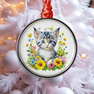 Ornement En Métal Kit de fleurs de chaton à l'aquarelle Noël