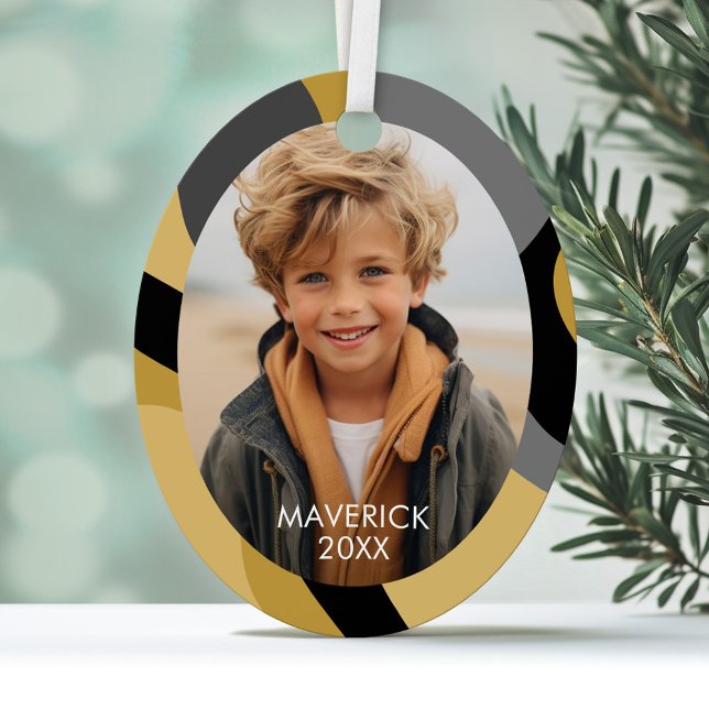 Ornement En Métal Ligne biologique Art Abstrait - 1 Photo Gold Noir (Personalized Photo Ornament with a modern abstract design border)