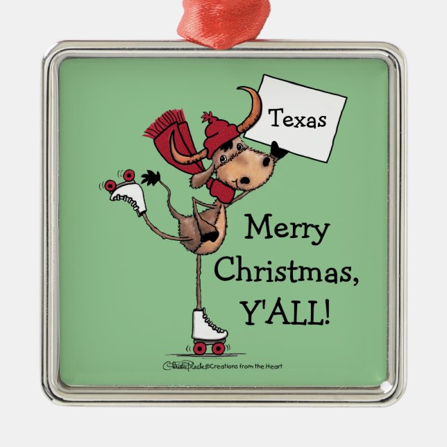Ornement En Métal Longhorn Roller Skating-Joyeux Noël Y'all ! (Devant)