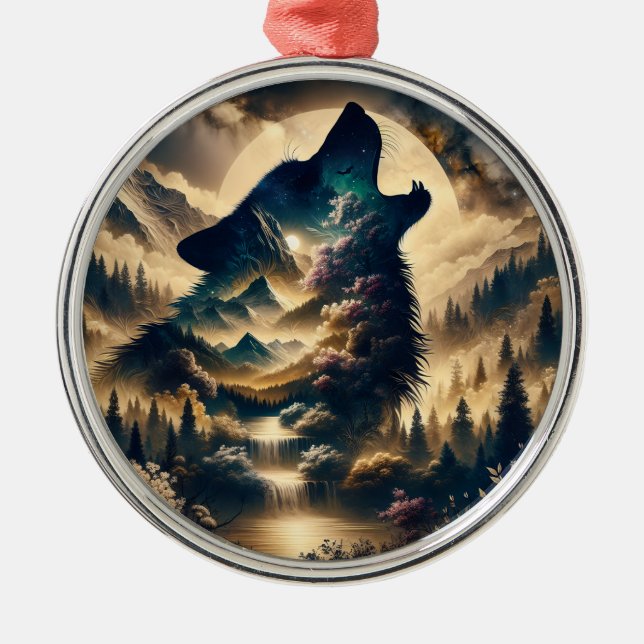 Ornement En Métal Loup hurlant sur la lune une nuit nuageuse (Devant)