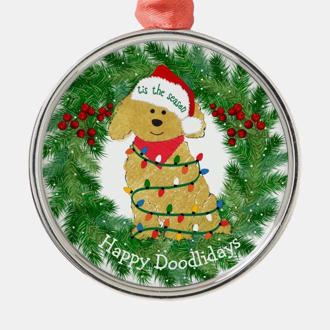 Ornement En Métal Lumières de Noël personnalisées Goldendoodle (Devant)