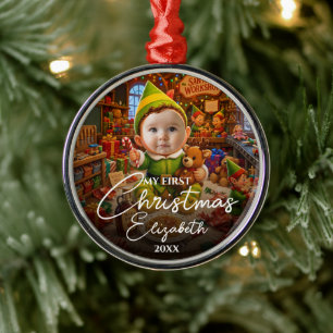 Ornement En Métal Ma première photo de Noël du petit aide de Père No
