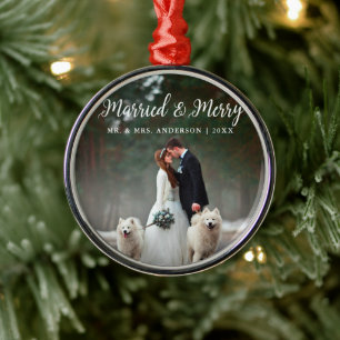 Ornement En Métal Marié & Joyeux Mariage photo Noël rond