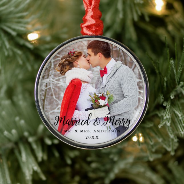 Ornement En Métal Marié & Joyeux Mariage Photo Noël Round B (Arbre)