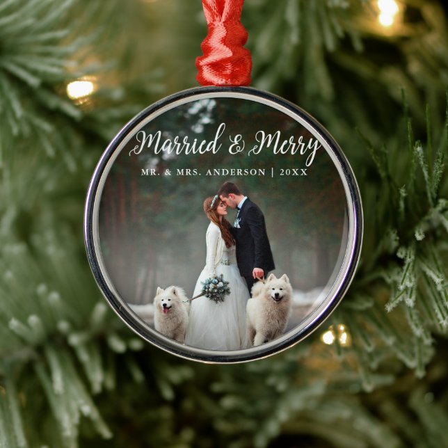 Ornement En Métal Mariés & Joyeux Mariage Photo Noël Rond (Arbre)