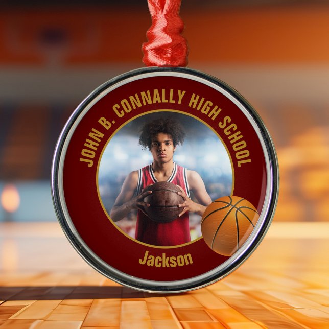 Ornement En Métal Maroon Gold Basketball Player Photo Christmas (Créateur téléchargé)