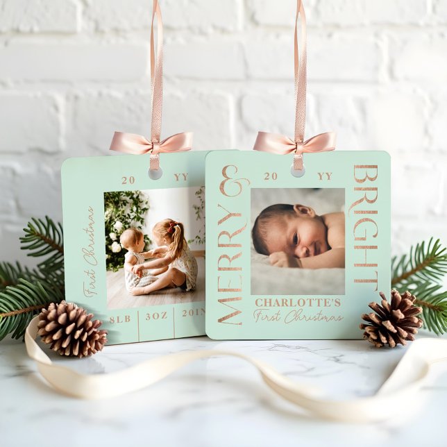 Ornement En Métal Merry & Bright Mint Baby First Christmas Photos (Merry & Bright Mint Baby First Christmas Photos Metal Ornament)