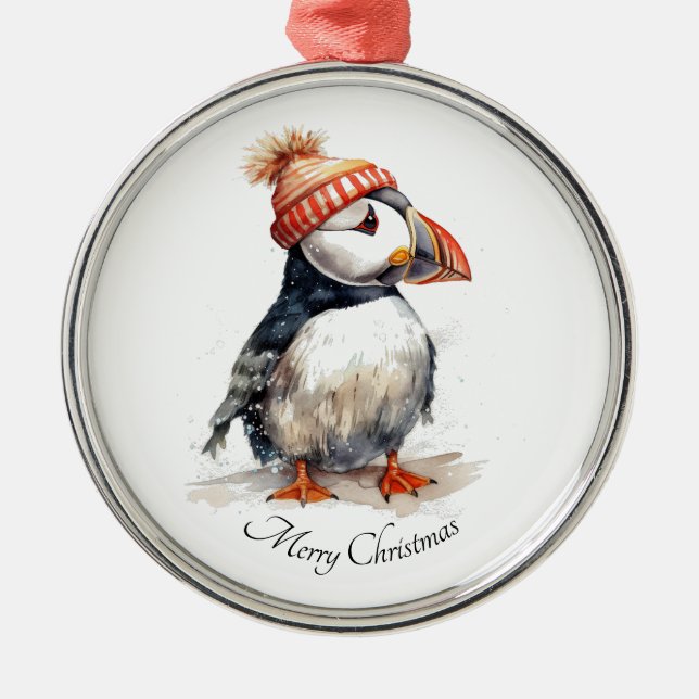 Ornement En Métal Merry Puffin, personnalisé (Devant)