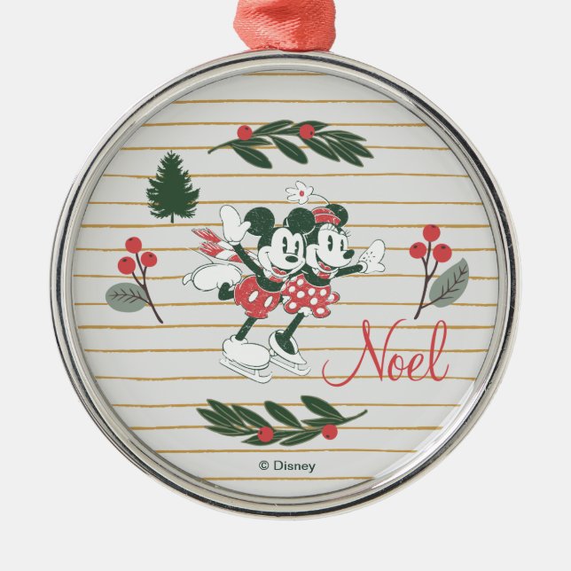 Ornement En Métal Mickey & Minnie | Noel de patinage de Noël (Devant)