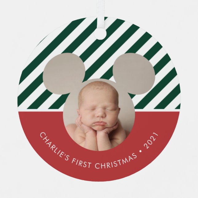 Ornement En Métal Mickey Mouse | Premier Noël du bébé - Photo (Recto)