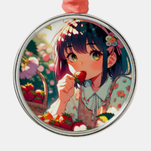 Ornement En Métal Mignonne Anime Girl Mange des fraises