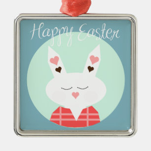 Ornement En Métal Mignonne lapin de Pâques blanc aux coeurs roses