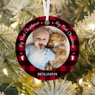 Ornement En Métal Mon premier Noël Red Buffalo Plaid Baby Photo