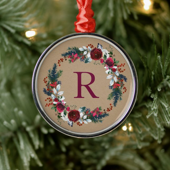 Ornement En Métal Monogramme de couronne de Noël Holly et Pine (Arbre)