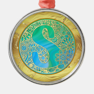 Ornement En Métal Monogramme Initial S Noël - Or, Turquoise & Bleu