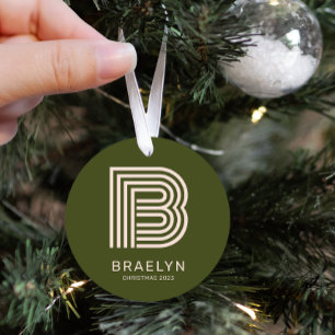 Ornement En Métal Monogramme rétro et nom orange et vert Noël