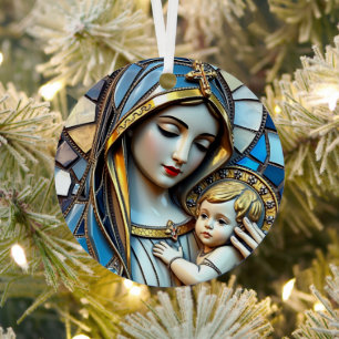 Ornement En Métal Mosaïque en verre tendu Marie et Jésus Noël