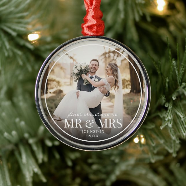 Ornement En Métal Mr & Mrs First Chirstmas Boarder Custom Photo  (Arbre)