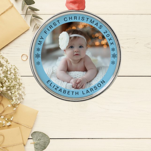 Ornement En Métal My First Christmas Personalized Baby Photo Red (Créateur téléchargé)