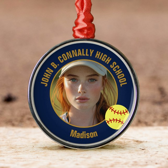 Ornement En Métal Navy Blue Gold Softball Player Photo Christmas (Créateur téléchargé)