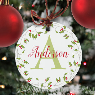 Ornement En Métal Noël Classic Holiday Red Holly Monogramme