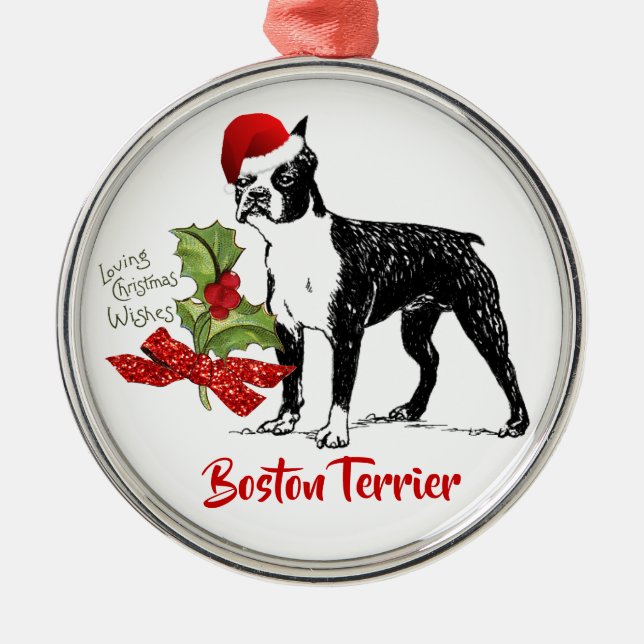Ornement En Métal Noël de houx de casquette de Boston Terrier (Devant)