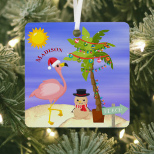 Ornement En Métal Noël Flamant rose d'été Plage Nom personnalisé
