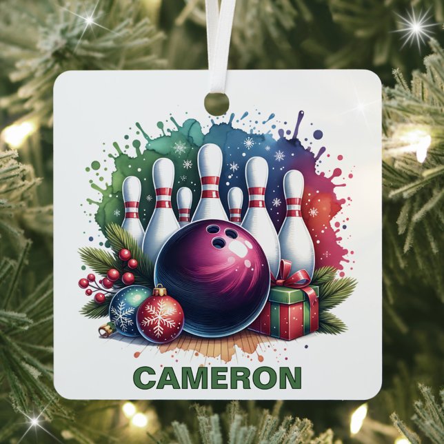 Ornement En Métal Nom personnalisé du passionné de bowling de Noël (Créateur téléchargé)