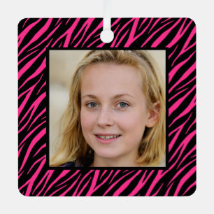 Ornement En Métal Nom Personnalisé Et Photo Rose Zebra Noël