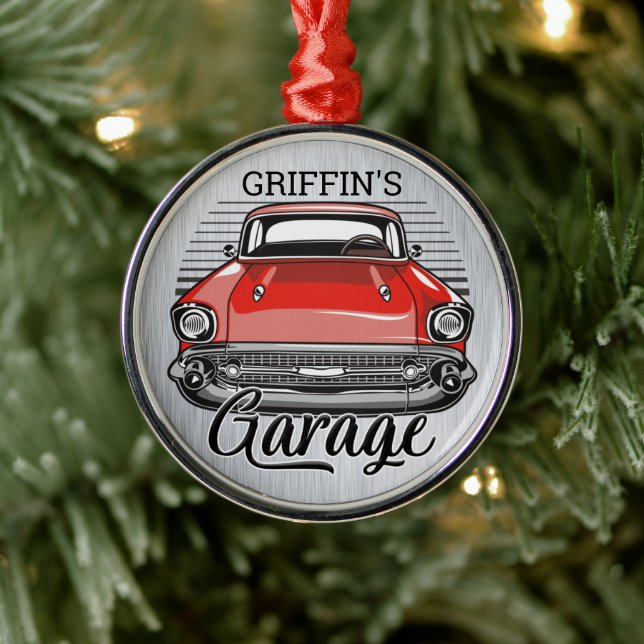 Ornement En Métal NOM personnalisé Retro Red Classic Car Garage (Arbre)