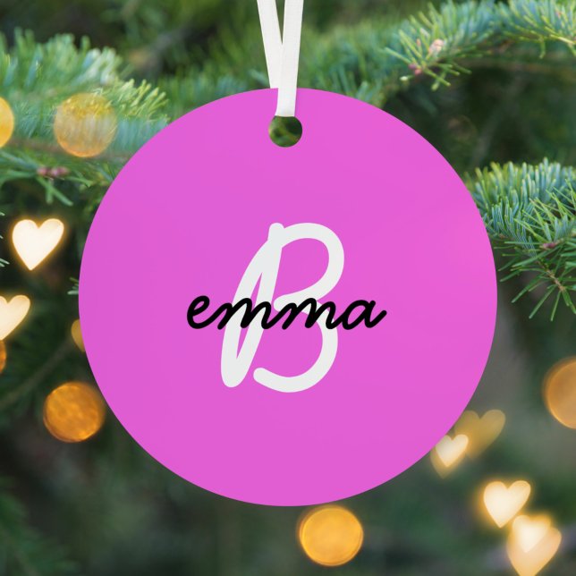 Ornement En Métal Nom rose chaud | Neon de monogramme initial modern (Créateur téléchargé)