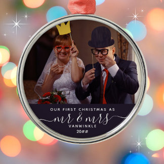 Ornement En Métal Notre 1er Noël en tant que Mr & Mrs Nom Marine Blu