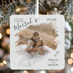 Ornement En Métal Notre Premier Noël Mariés Photo Élégante Moderne