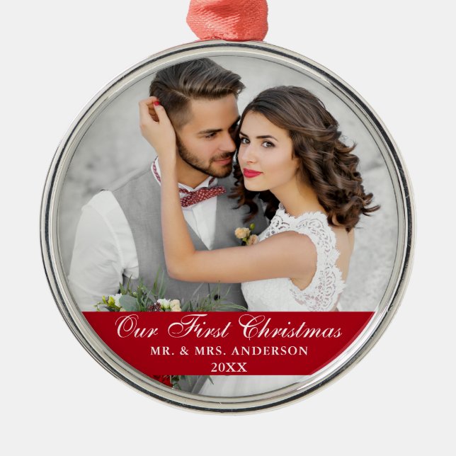 Ornement En Métal Notre première photo Mariage de Noël Rouge (Devant)