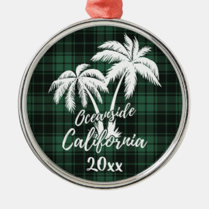 Ornement En Métal Oceanside Beach California Palm Tree Green Plaid