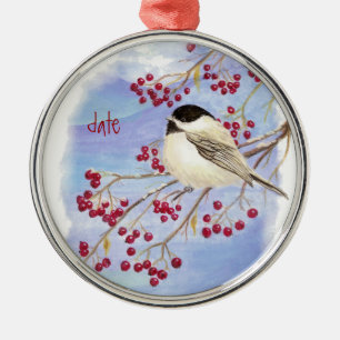 Ornement En Métal Oiseau et baies datés de Chickadee de Noël de
